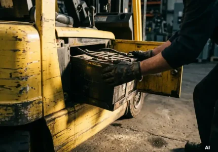 Handen met handschoenen installeren een zwaar accupack in een gele magazijnheftruck, betonnen fabrieksvloer zichtbaar eronder.